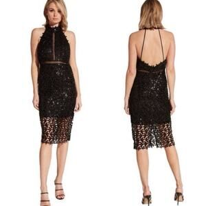 BARDOT Halter Sequin lace black midi cocktail party dress size 12 LBD Wedding